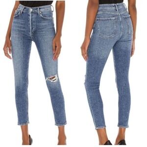 Agolde Nico High Rise Slim Button Fly Distressed Med Wash Sz 27 Cotton Shoreline